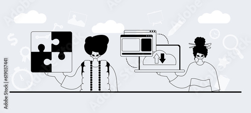 A team that specializes in SEO . trendy exemplar in a analogue manner. Trendy style, Vector Illustration