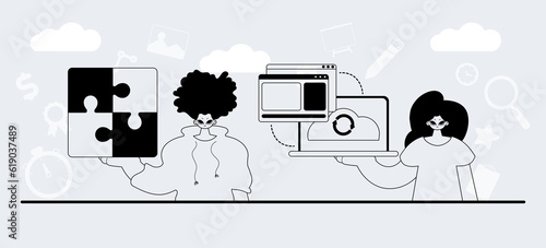 A team that specializes in SEO . trendy exemplar in a analogue manner. Trendy style, Vector Illustration