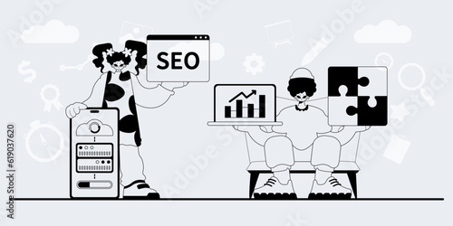 A team that specializes in SEO . trendy exemplar in a analogue manner. Trendy style, Vector Illustration