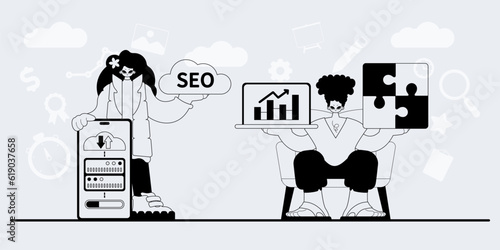 A team that specializes in SEO . trendy exemplar in a analogue manner. Trendy style, Vector Illustration