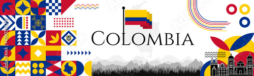 Colombian Declaration of Independence Day abstract banner design with flag and map. Flag color theme geometric pattern retro modern Illustration design. Yellow, Blue and red flag color template.