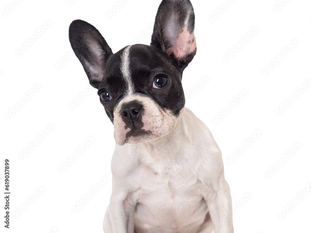 Cute puppy sitting on the table. Studio shot. Isolated background. Clear, sunny day. Close-up, indoors. Day light. Concept of care, education, obedience training and raising pets