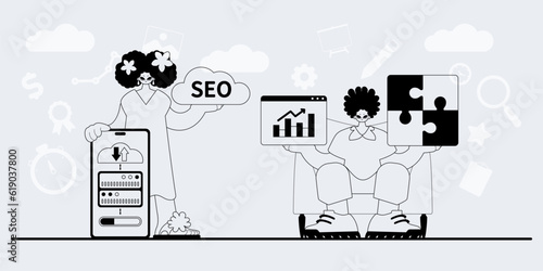 A team that specializes in SEO . trendy exemplar in a analogue manner. Trendy style, Vector Illustration