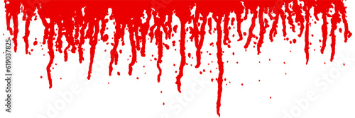 Scarlet blood drip top border isolated on white background. Red paint, wine or sauce splash on wall. Watercolor spatter texture. Abstract vector illustration. Runny liquid ink. Horror grunge pattern