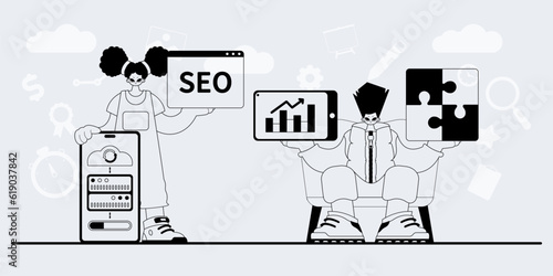 A team that specializes in SEO . trendy exemplar in a analogue manner. Trendy style, Vector Illustration