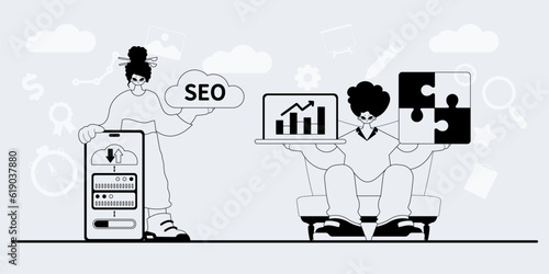 A team that specializes in SEO . trendy exemplar in a analogue manner. Trendy style, Vector Illustration