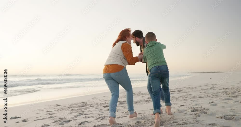 Family, children and playing at beach for fun or bonding with energy for activity on holiday. Happiness, ocean and parents with son are running with freedom on weekend for quality time with travel. Family, children and playing at beach for fun or bonding with energy for activity on holiday. Happiness, ocean and parents with son are running with freedom on weekend for quality time with travel.