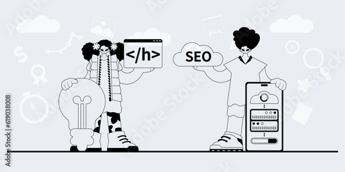 A team that specializes in SEO . trendy exemplar in a analogue manner. Trendy style, Vector Illustration