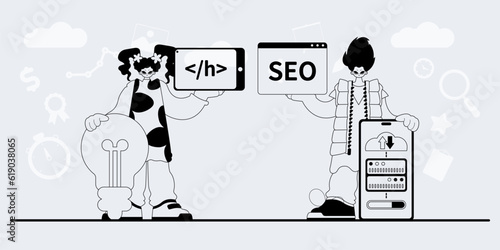 A team that specializes in SEO . trendy exemplar in a analogue manner. Trendy style, Vector Illustration