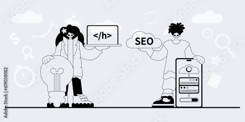 A team that specializes in SEO . trendy exemplar in a analogue manner. Trendy style, Vector Illustration