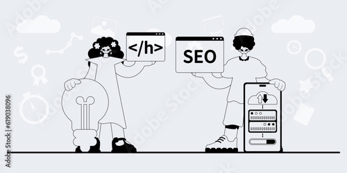 A team that specializes in SEO . trendy exemplar in a analogue manner. Trendy style, Vector Illustration