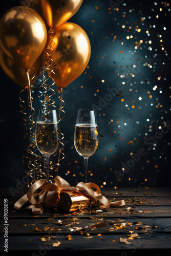 Generative AI - Celebration background with golden champagne bottle, confetti stars, and party streamers