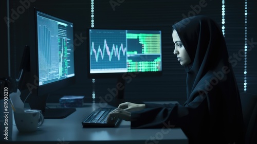 a hijab Muslim woman in front of a monitor screen, analyzing stock market movements