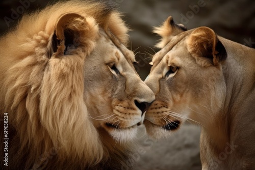Portrait of lion with lioness in mood for love close up. Lion couple face to face. Lion couple having a sweet moment together