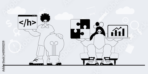 A team that specializes in SEO . trendy exemplar in a analogue manner. Trendy style, Vector Illustration