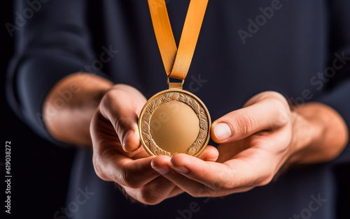 A man presents the won gold medal in his hand