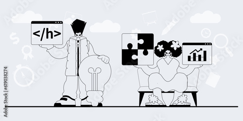 A team that specializes in SEO . trendy exemplar in a analogue manner. Trendy style, Vector Illustration