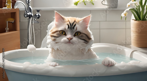 Funny cat being washed in bath tube full of foam. Generative AI illustration
