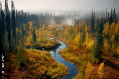 Landscape with early-autumn forest trees and river areal view, copy space on sky. Aerial view of wild forest lake with a smoke or fog on background