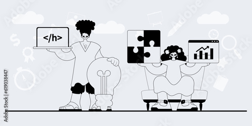 A team that specializes in SEO . trendy exemplar in a analogue manner. Trendy style, Vector Illustration