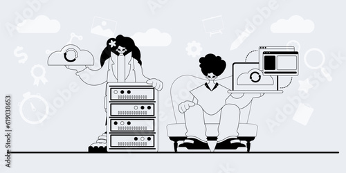 A team that specializes in SEO . trendy exemplar in a analogue manner. Trendy style, Vector Illustration