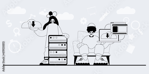 A team that specializes in SEO . trendy exemplar in a analogue manner. Trendy style, Vector Illustration