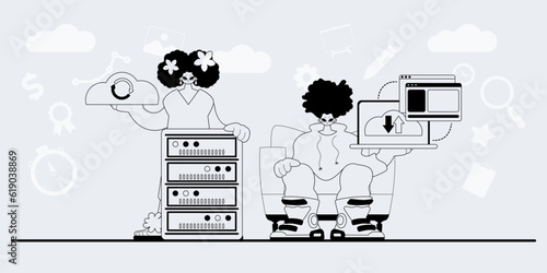 A team that specializes in SEO . trendy exemplar in a analogue manner. Trendy style, Vector Illustration