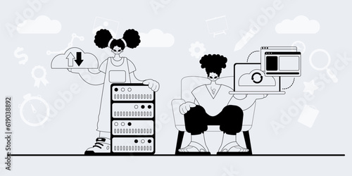 A team that specializes in SEO . trendy exemplar in a analogue manner. Trendy style, Vector Illustration