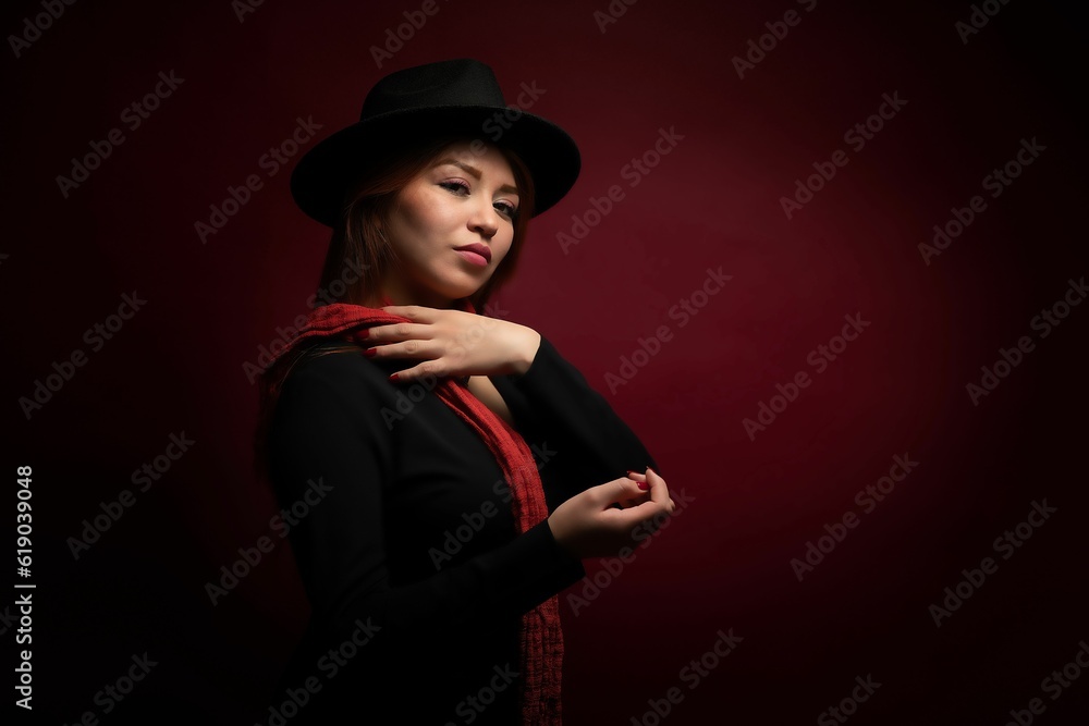 Caucasian female adult standing confidently in front of a bright red wall. Caucasian female adult standing confidently in front of a bright red wall.