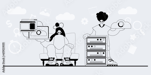 A team that specializes in SEO . trendy exemplar in a analogue manner. Trendy style, Vector Illustration