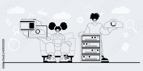 A team that specializes in SEO . trendy exemplar in a analogue manner. Trendy style, Vector Illustration