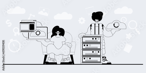 A team that specializes in SEO . trendy exemplar in a analogue manner. Trendy style, Vector Illustration