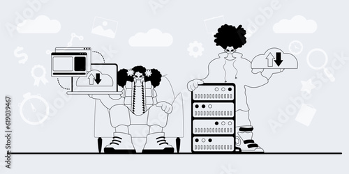 A team that specializes in SEO . trendy exemplar in a analogue manner. Trendy style, Vector Illustration