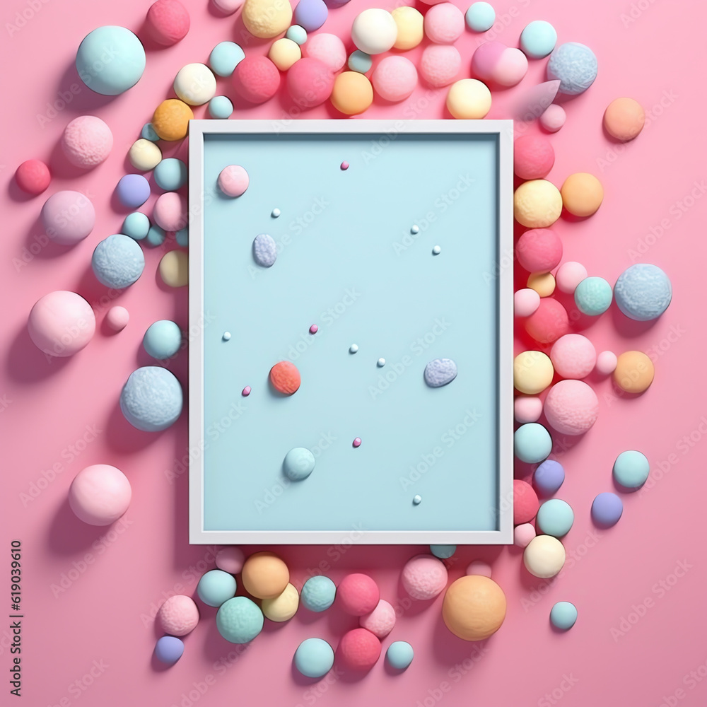picture frame surrounded by candy balls on a pink background. generative ai