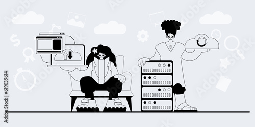 A team that specializes in SEO . trendy exemplar in a analogue manner. Trendy style, Vector Illustration