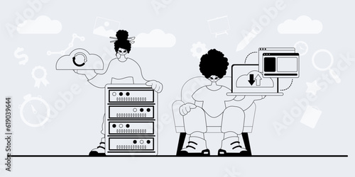 A team that specializes in SEO . trendy exemplar in a analogue manner. Trendy style, Vector Illustration