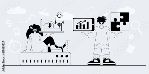 A team that specializes in SEO . trendy exemplar in a analogue manner. Trendy style, Vector Illustration