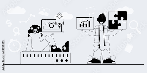 A team that specializes in SEO . trendy exemplar in a analogue manner. Trendy style, Vector Illustration
