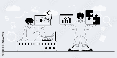A team that specializes in SEO . trendy exemplar in a analogue manner. Trendy style, Vector Illustration
