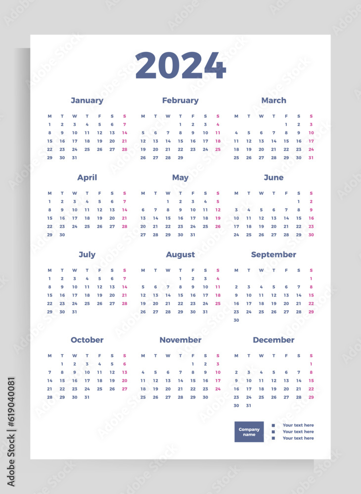Calendar poster for 2024. Vector vertical template A4 format. Calendar poster for 2024. Vector vertical template A4 format.