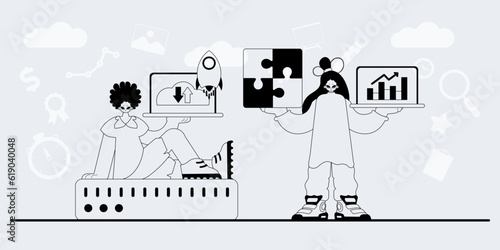 A team that specializes in SEO . trendy exemplar in a analogue manner. Trendy style, Vector Illustration