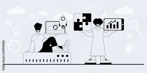 A team that specializes in SEO . trendy exemplar in a analogue manner. Trendy style, Vector Illustration