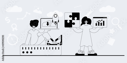 A team that specializes in SEO . trendy exemplar in a analogue manner. Trendy style, Vector Illustration