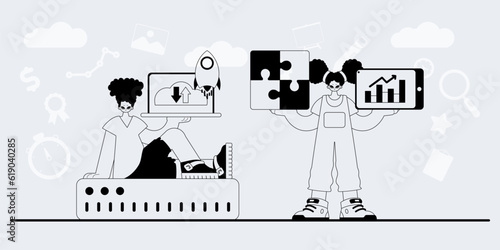 A team that specializes in SEO . trendy exemplar in a analogue manner. Trendy style, Vector Illustration