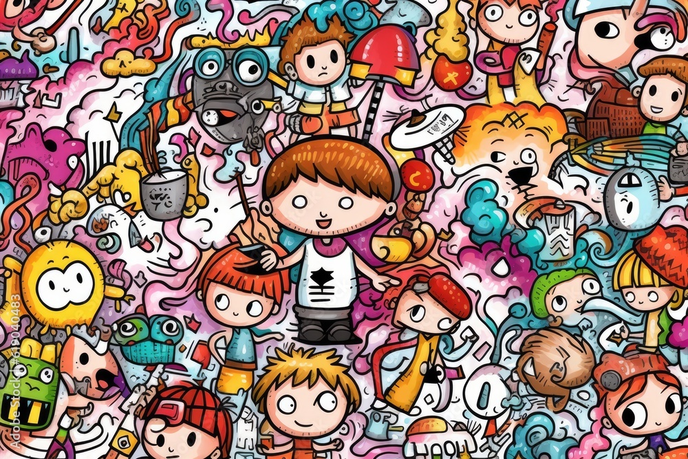 Fototapeta premium Kawaii doodle monsters, city, cat, robot for child coloring books, Generative AI
