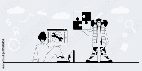 A team that specializes in SEO . trendy exemplar in a analogue manner. Trendy style, Vector Illustration