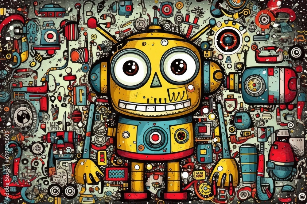 Fototapeta premium Kawaii doodle monsters, city, cat, robot for child coloring books, Generative AI