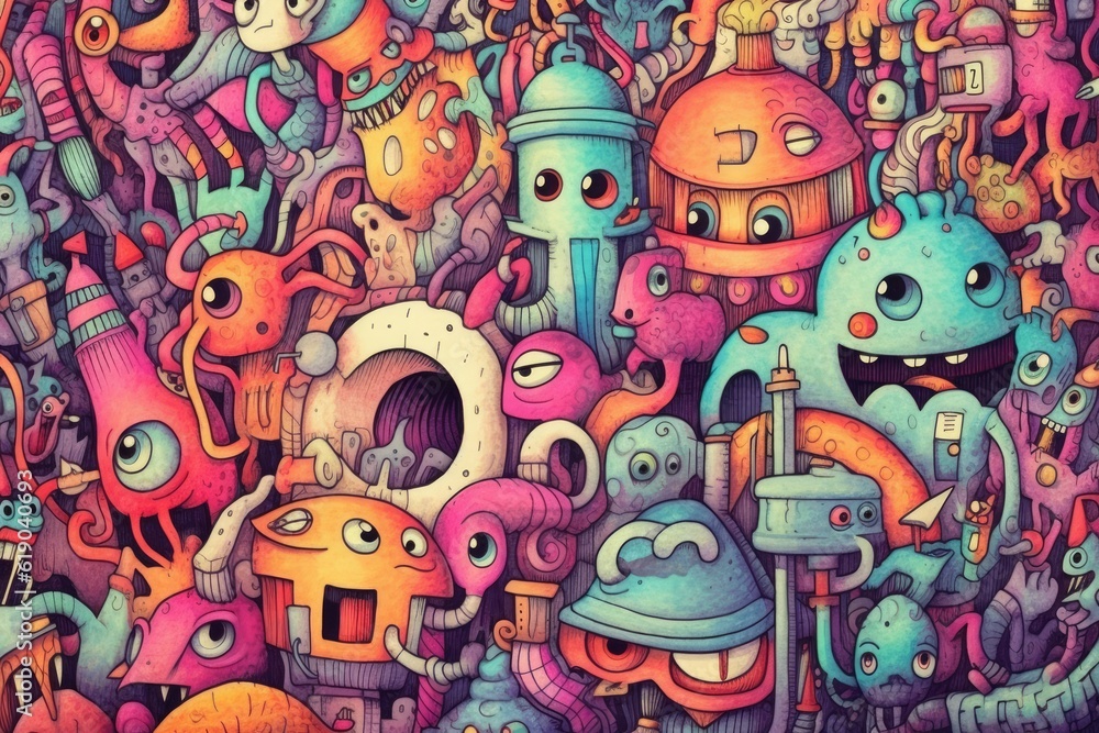 Kawaii doodle monsters, city, cat, robot for child coloring books, Generative AI