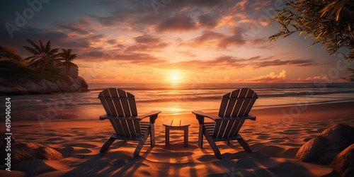 Sunrise Ocean View. Paradise Beach Chairs in the Serene Seascape. Generative AI illustration © Thares2020
