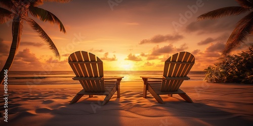 Sunrise Ocean View. Paradise Beach Chairs in the Serene Seascape. Generative AI illustration